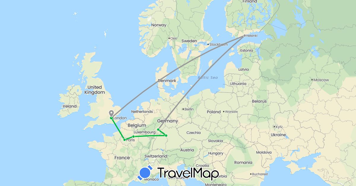 TravelMap itinerary: driving, bus, plane in Germany, Finland, France, United Kingdom (Europe)
